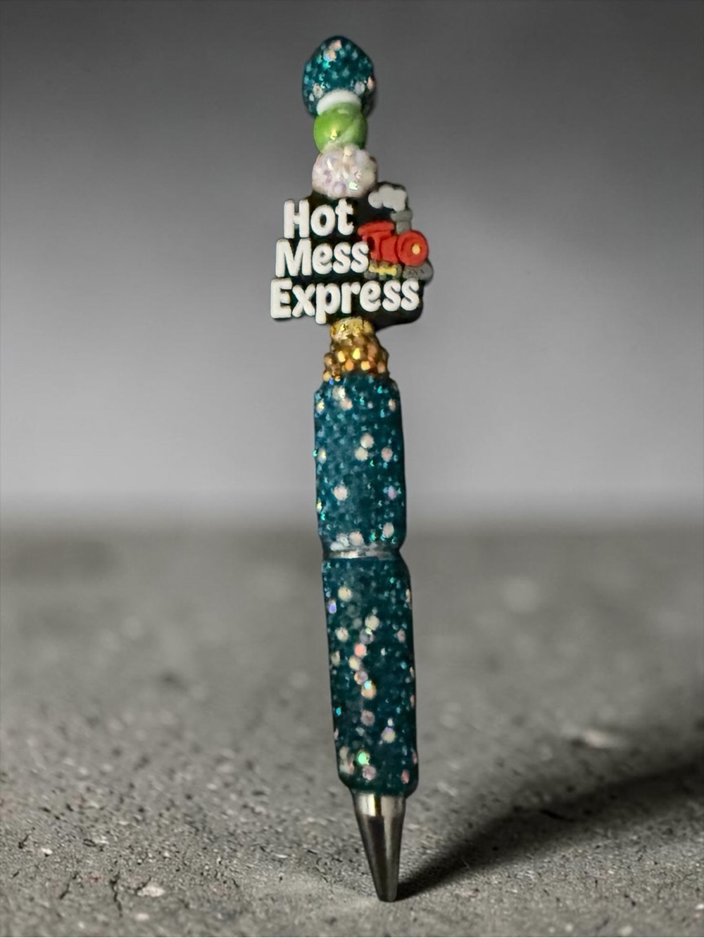Teal Glitter Pen with "Hot Mess Express" Charm